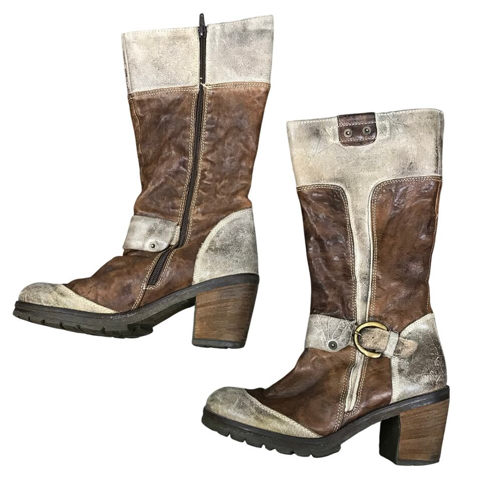 MANAS DESIGN Womens two-tone Brown Leather Chunky Heel Moto Boots 40